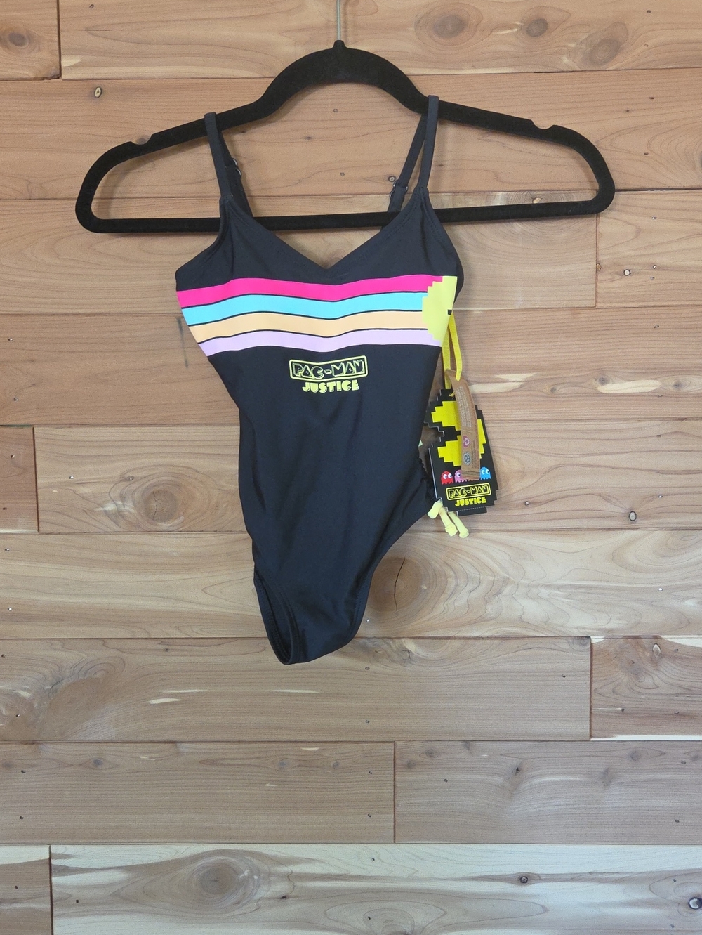 Justice Black One-Piece Swimsuit with Neon Pink, Aqua, Yellow & Lavender Stripes
